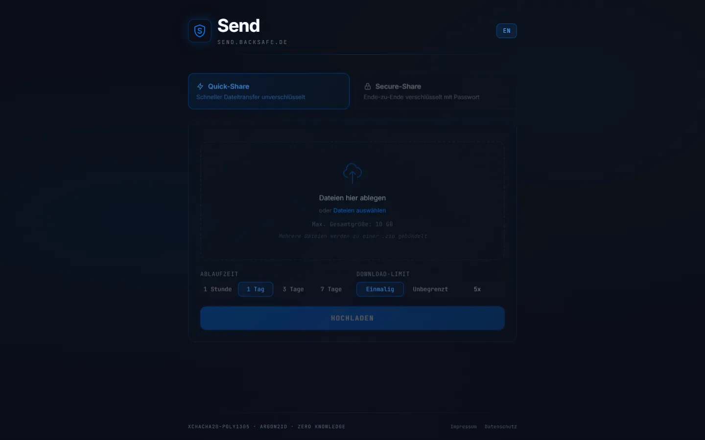 Screenshot der Startseite von send.backsafe.de