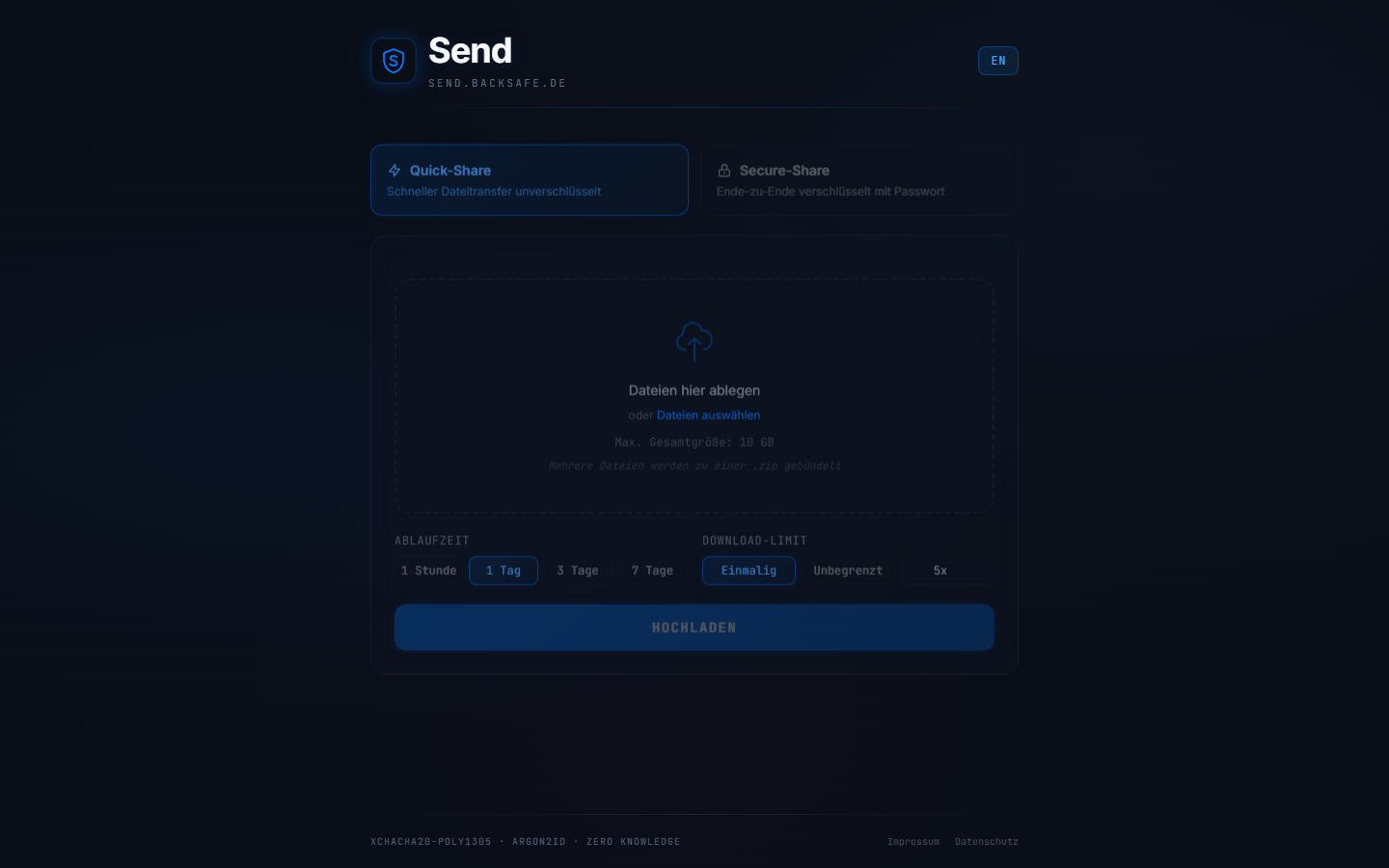 Screenshot der Startseite von send.backsafe.de